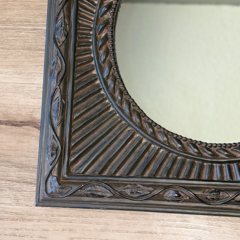 Square Dark Wood Sunburst Wall Mirror Ornate Leaf Vine Frame 14x14 Round Center - Picture 8 of 12